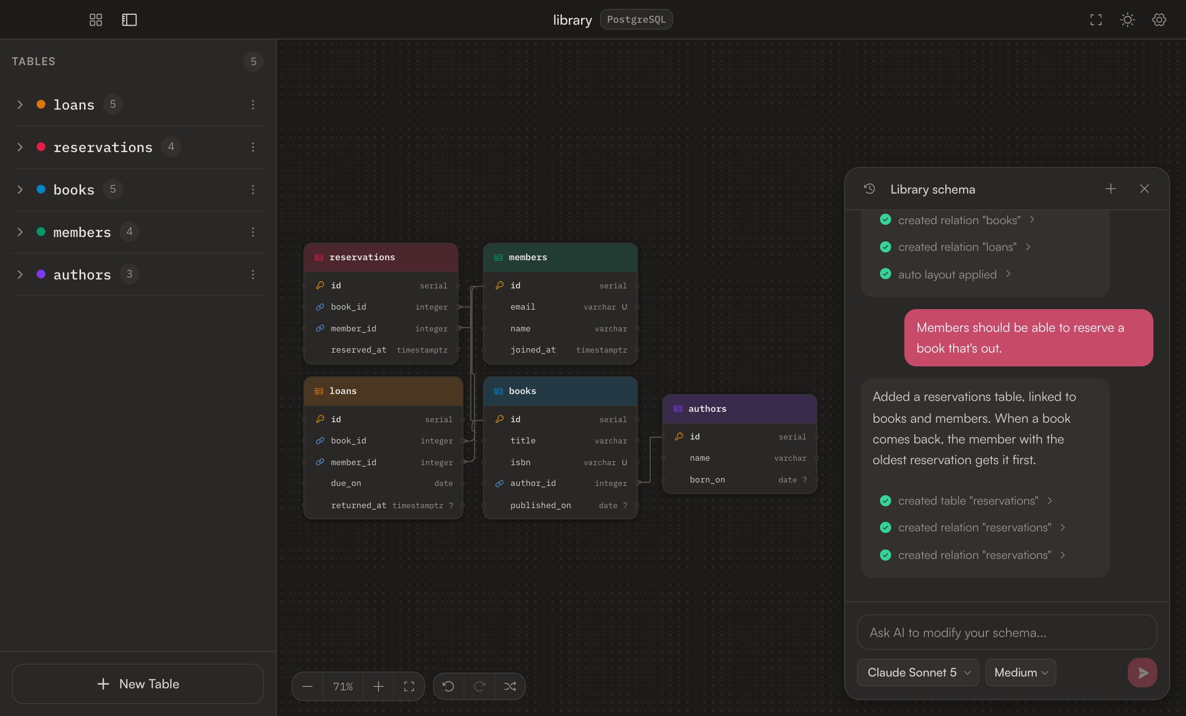 SocaDB in dark mode with a library schema of five tables and a conversation with Claude